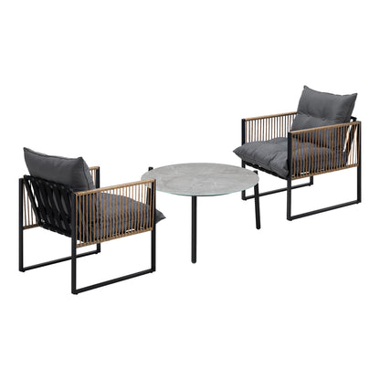 Livsip 3PCS Outdoor Patio Set Grey 70cm Coffee Table Rattan Chairs-Outdoor Patio Set-PEROZ Accessories