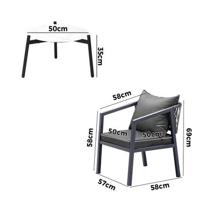 Livsip 3PCS Outdoor Patio Set White 50cm Coffee Table Grey Chairs-Outdoor Patio Set-PEROZ Accessories