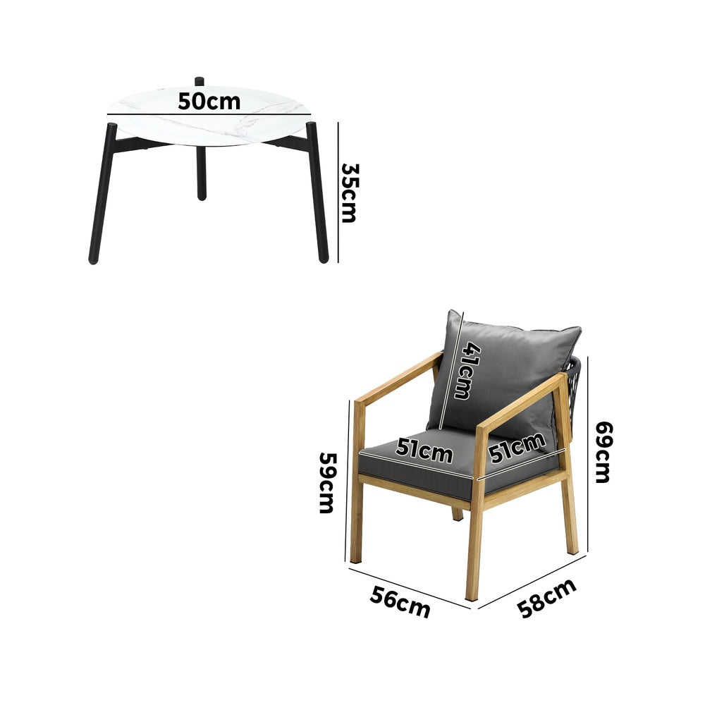Livsip 3PCS Outdoor Patio Set White 50cm Coffee Table Natural Chairs-Outdoor Patio Set-PEROZ Accessories