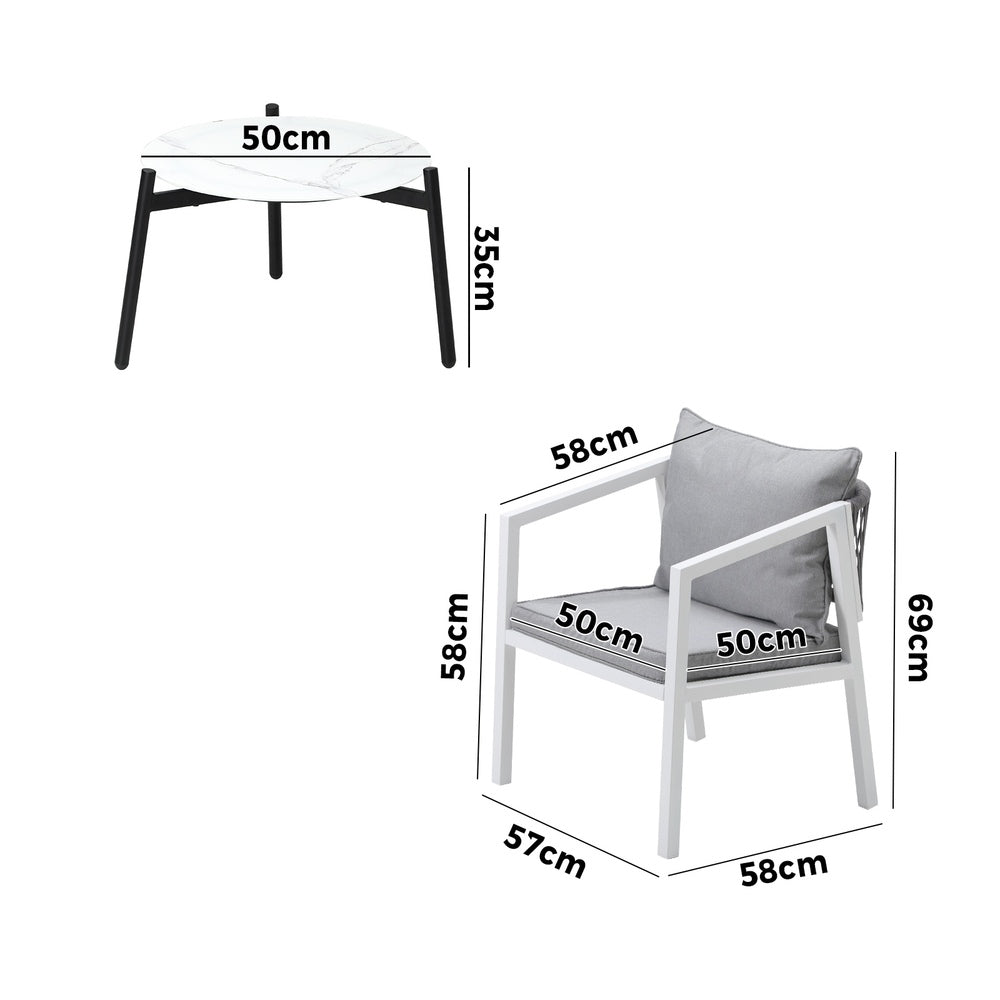 Livsip 3PCS Outdoor Patio Set White 50cm Coffee Table White Chairs-Outdoor Patio Set-PEROZ Accessories