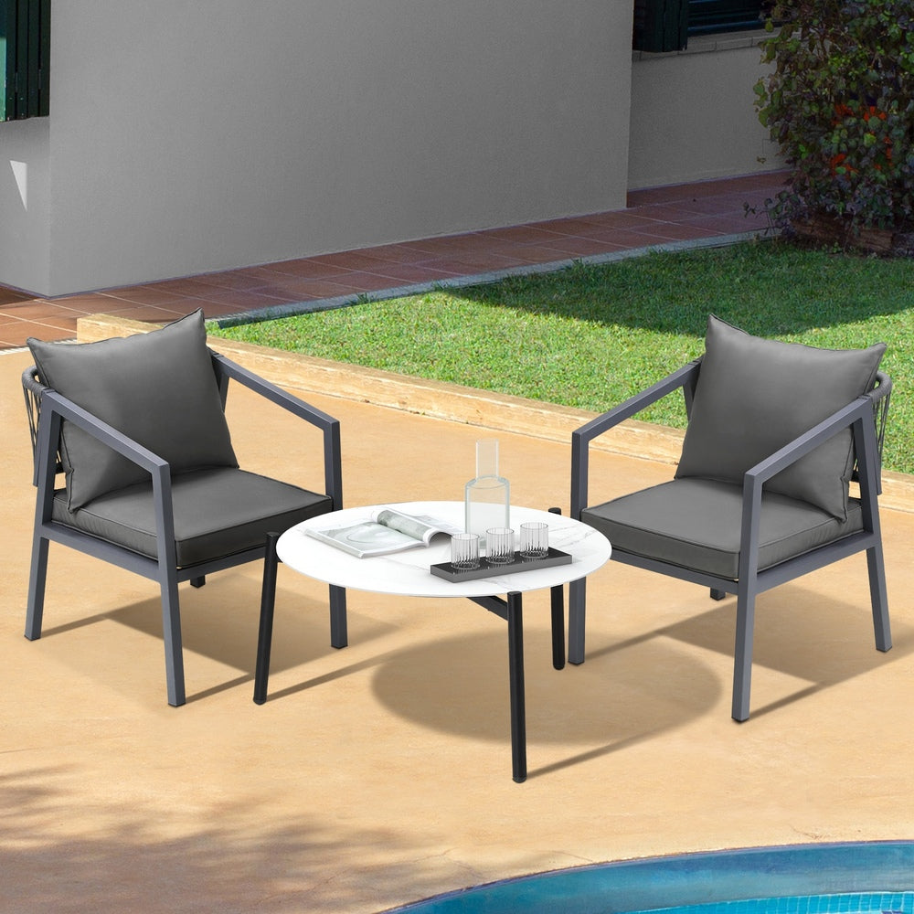 Livsip 3PCS Outdoor Patio Set White 70cm Coffee Table Grey Chairs-Outdoor Patio Set-PEROZ Accessories