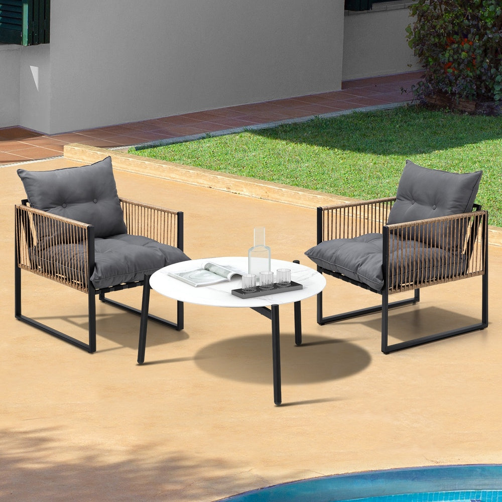 Livsip 3PCS Outdoor Patio Set White 70cm Coffee Table Rattan Chairs-Outdoor Patio Set-PEROZ Accessories
