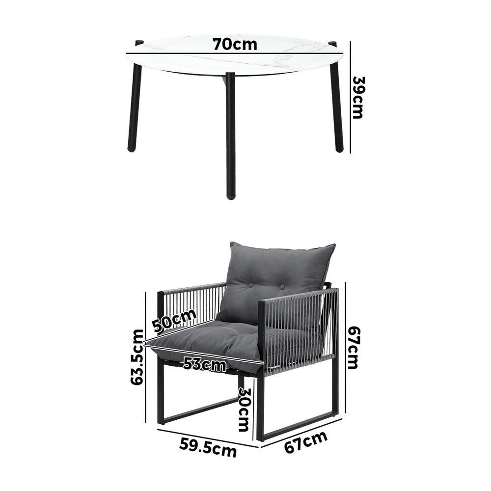 Livsip 3PCS Outdoor Patio Set White 70cm Table Cushioned Armchairs-Outdoor Patio Set-PEROZ Accessories