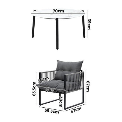 Livsip 3PCS Outdoor Patio Set White 70cm Table Cushioned Armchairs-Outdoor Patio Set-PEROZ Accessories