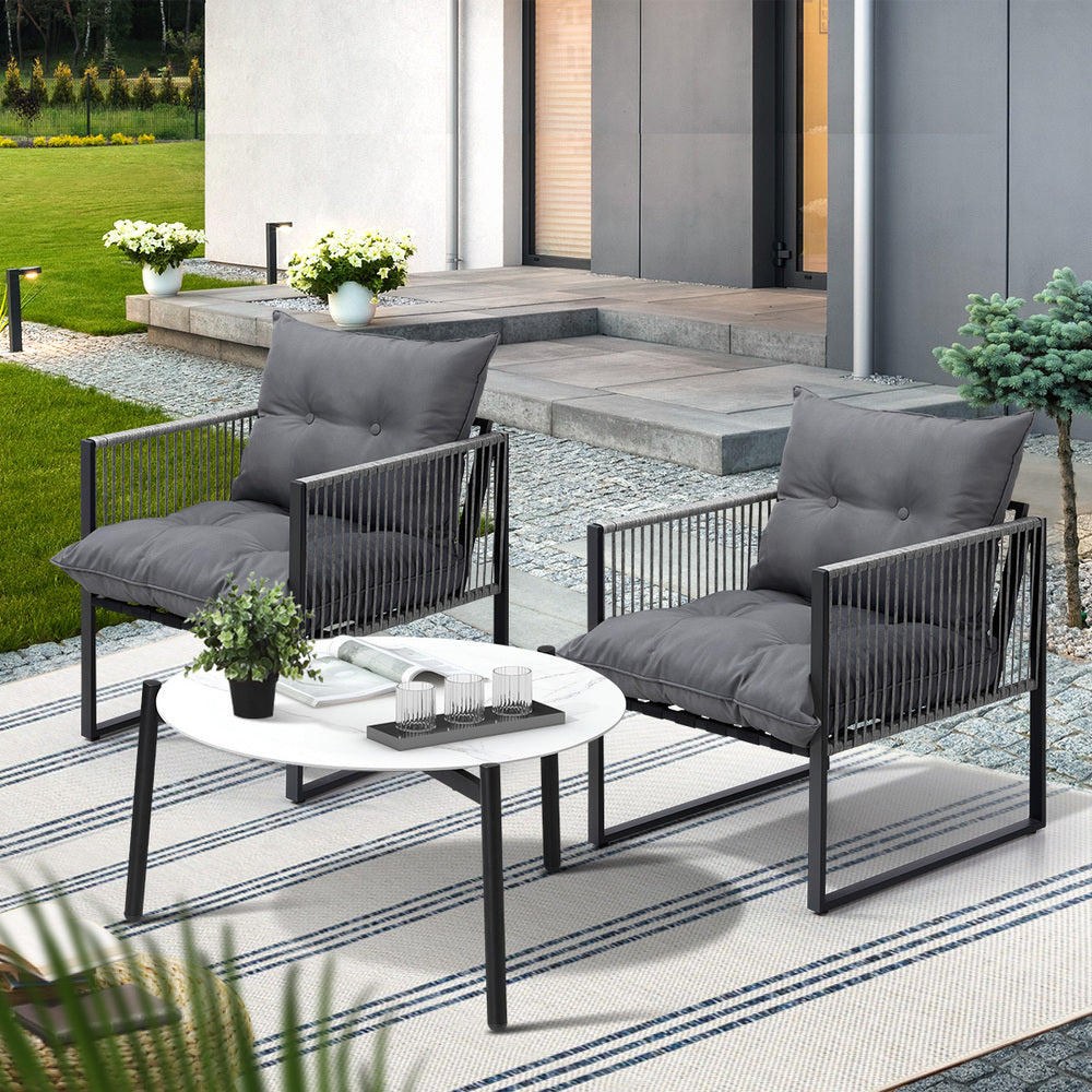 Livsip 3PCS Outdoor Patio Set White 70cm Table Cushioned Armchairs-Outdoor Patio Set-PEROZ Accessories