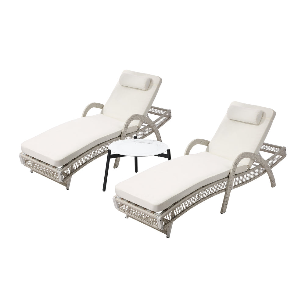 Livsip 3PCS Outdoor Sun Lounger Wicker Lounge Table Chairs Grey-Sun Lounge-PEROZ Accessories
