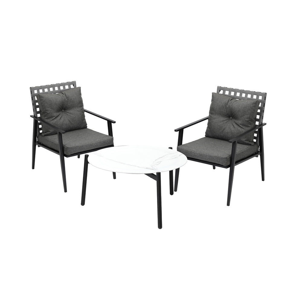 Livsip 3pc Outdoor Patio Set 70CM White Marble Table Rattan Chairs-Outdoor Patio Set-PEROZ Accessories