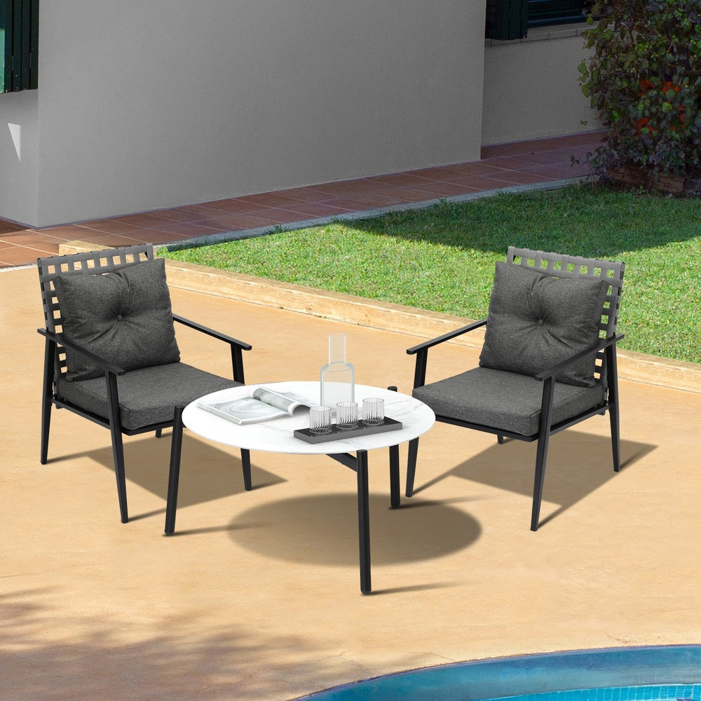Livsip 3pc Outdoor Patio Set 70CM White Marble Table Rattan Chairs-Outdoor Patio Set-PEROZ Accessories