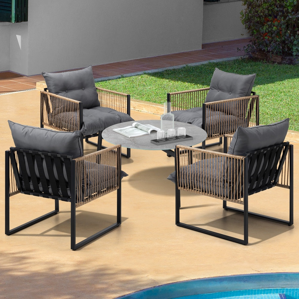 Livsip 5PCS Outdoor Patio Set 70cm Grey Coffee Table Rattan Chairs-Outdoor Patio Set-PEROZ Accessories