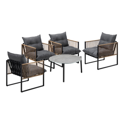 Livsip 5PCS Outdoor Patio Set 70cm Grey Coffee Table Rattan Chairs-Outdoor Patio Set-PEROZ Accessories