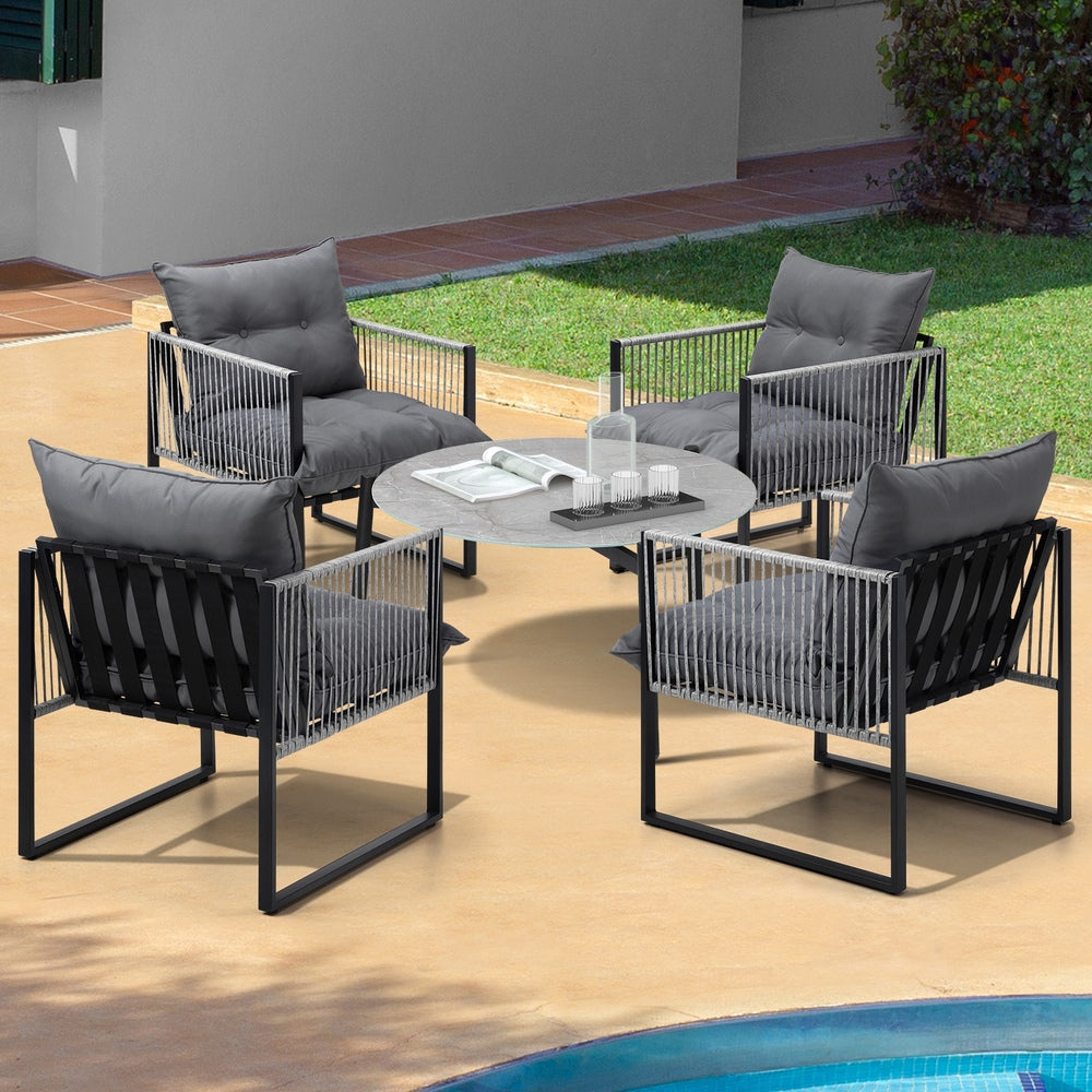 Livsip 5PCS Outdoor Patio Set Grey 70cm Table Cushioned Armchairs-Outdoor Patio Set-PEROZ Accessories