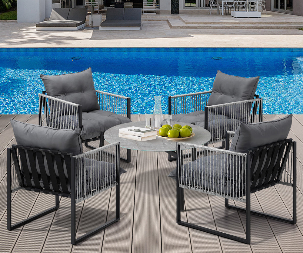 Livsip 5PCS Outdoor Patio Set Grey 70cm Table Cushioned Armchairs-Outdoor Patio Set-PEROZ Accessories