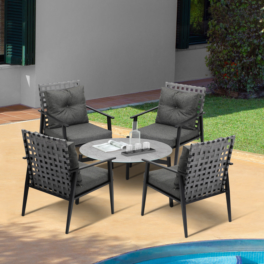Livsip 5pc Outdoor Patio Set 70CM Grey Marble Table Rattan Chairs-Outdoor Patio Set-PEROZ Accessories