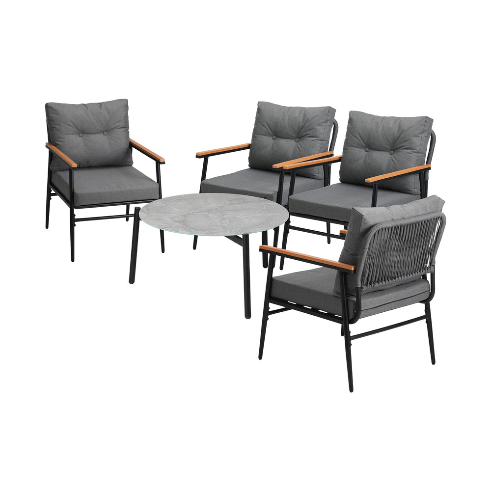 Livsip 5pc Outdoor Patio Setting 70cm Table Grey and Black Armchairs-Outdoor Patio Set-PEROZ Accessories