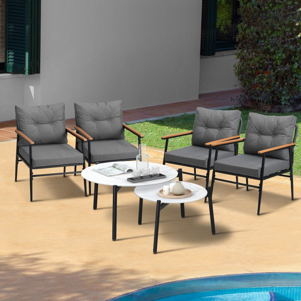 Livsip 6 Piece Outdoor Patio Set White Table Set Black Armchairs-Outdoor Patio Set-PEROZ Accessories