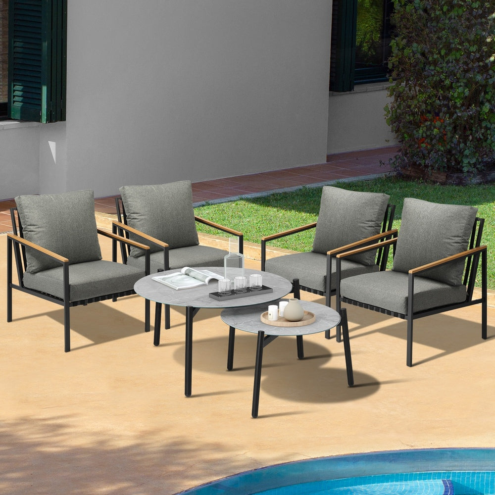 Livsip 6PCS Outdoor Lounge Set Grey Coffee Table Set with Chairs-Outdoor Patio Set-PEROZ Accessories