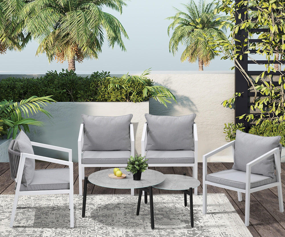 Livsip 6PCS Outdoor Patio Set Grey 70cm Coffee Table Set White Chairs-Outdoor Patio Set-PEROZ Accessories