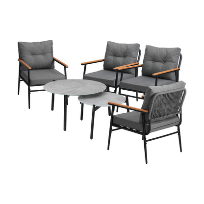 Livsip 6PCS Outdoor Patio Set Grey Table Set with Black Chairs-Outdoor Patio Set-PEROZ Accessories