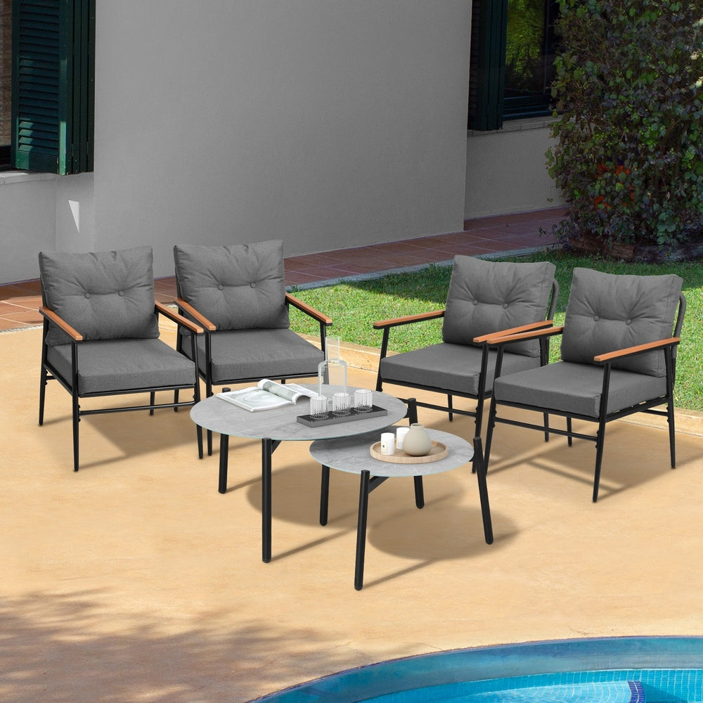 Livsip 6PCS Outdoor Patio Set Grey Table Set with Black Chairs-Outdoor Patio Set-PEROZ Accessories