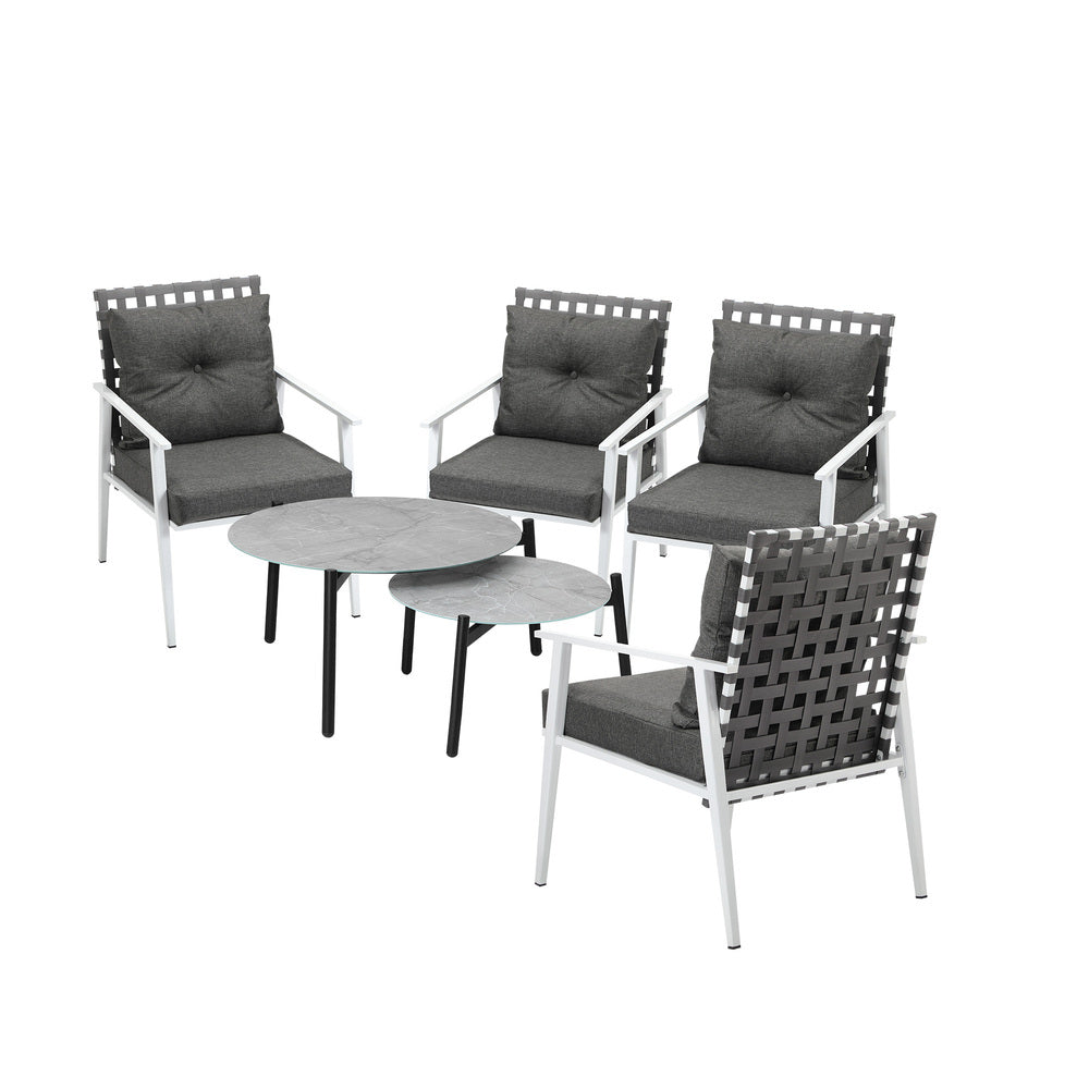 Livsip 6pc Outdoor Patio Set Grey Round Table 4pc Rattan White Chairs-Outdoor Patio Set-PEROZ Accessories