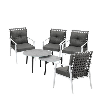 Livsip 6pc Outdoor Patio Set Grey Round Table 4pc Rattan White Chairs-Outdoor Patio Set-PEROZ Accessories