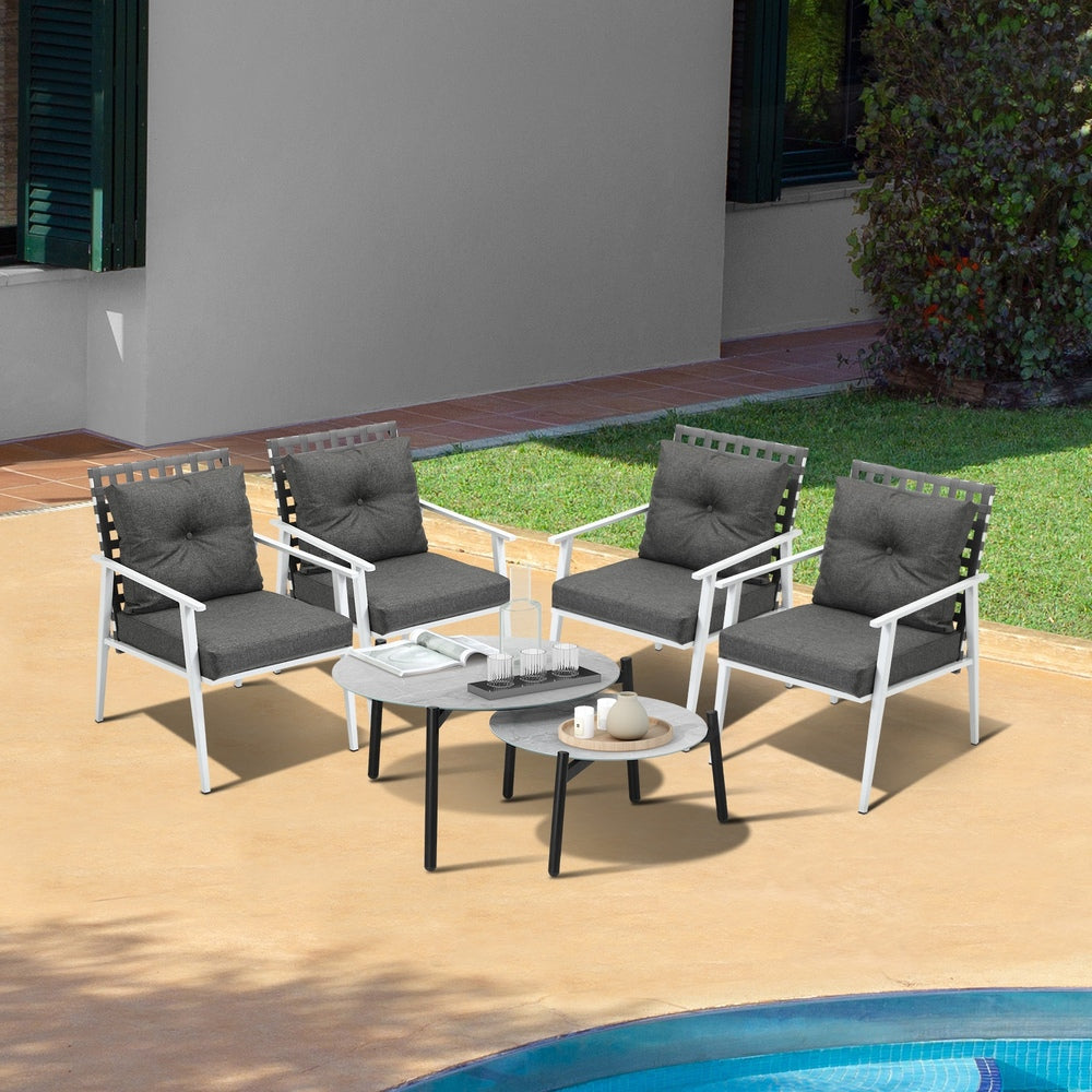 Livsip 6pc Outdoor Patio Set Grey Round Table 4pc Rattan White Chairs-Outdoor Patio Set-PEROZ Accessories