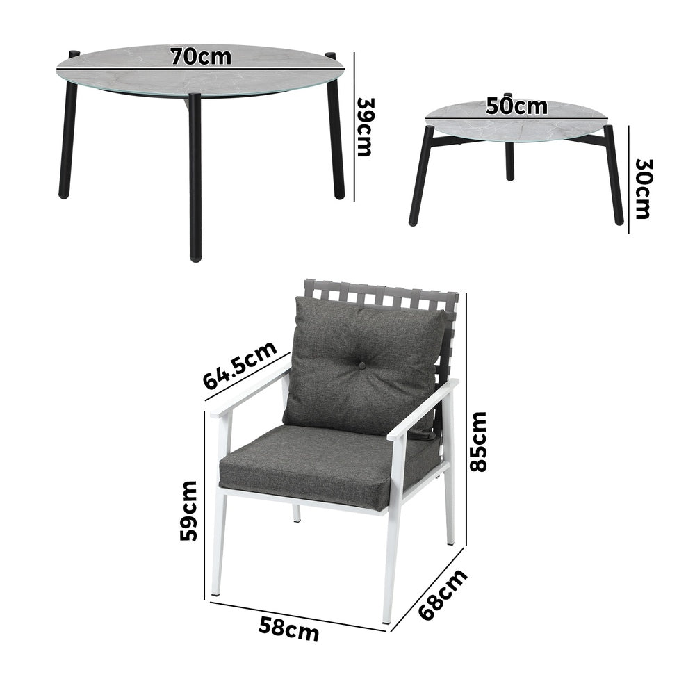 Livsip 6pc Outdoor Patio Set Grey Round Table 4pc Rattan White Chairs-Outdoor Patio Set-PEROZ Accessories