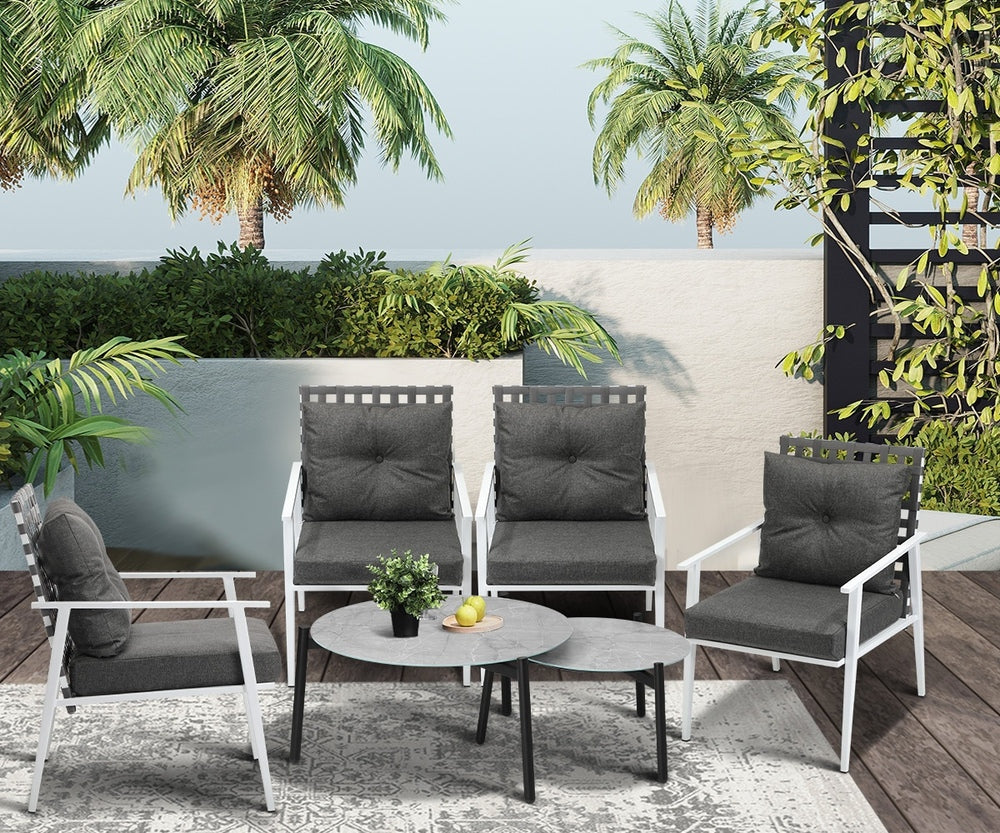 Livsip 6pc Outdoor Patio Set Grey Round Table 4pc Rattan White Chairs-Outdoor Patio Set-PEROZ Accessories