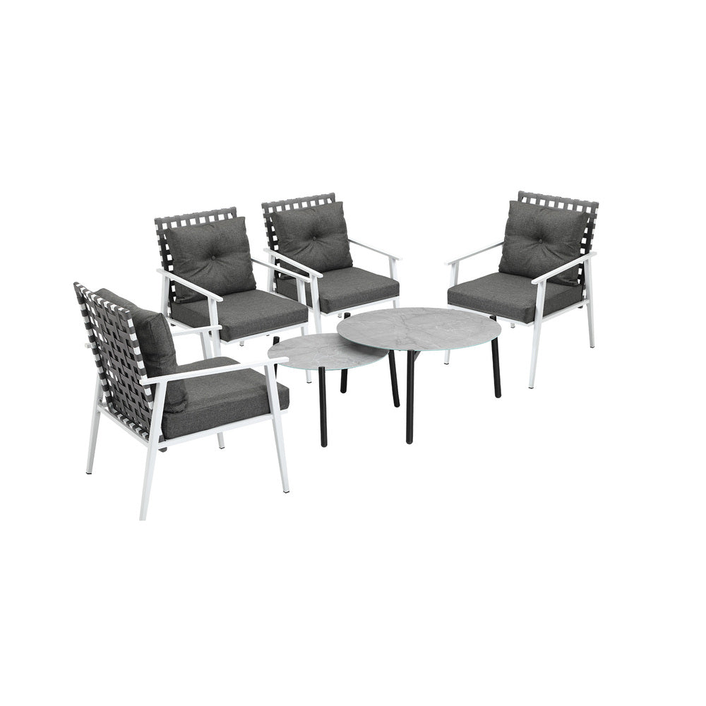 Livsip 6pc Outdoor Patio Set Grey Round Table 4pc Rattan White Chairs-Outdoor Patio Set-PEROZ Accessories