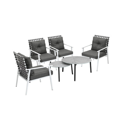 Livsip 6pc Outdoor Patio Set Grey Round Table 4pc Rattan White Chairs-Outdoor Patio Set-PEROZ Accessories
