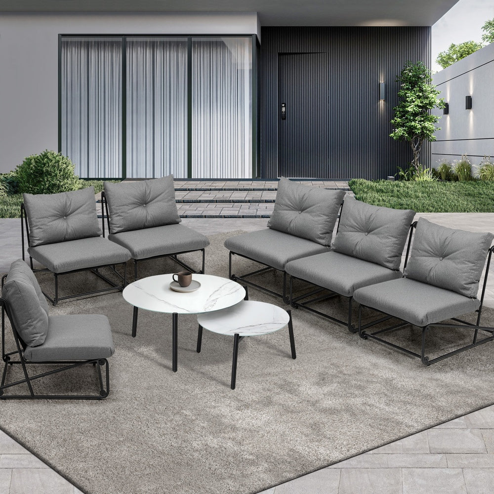 Livsip 8PCS Outdoor Sofa Set 2-in-1 Coffee Table with Chairs Grey-Outdoor Sofa Set-PEROZ Accessories