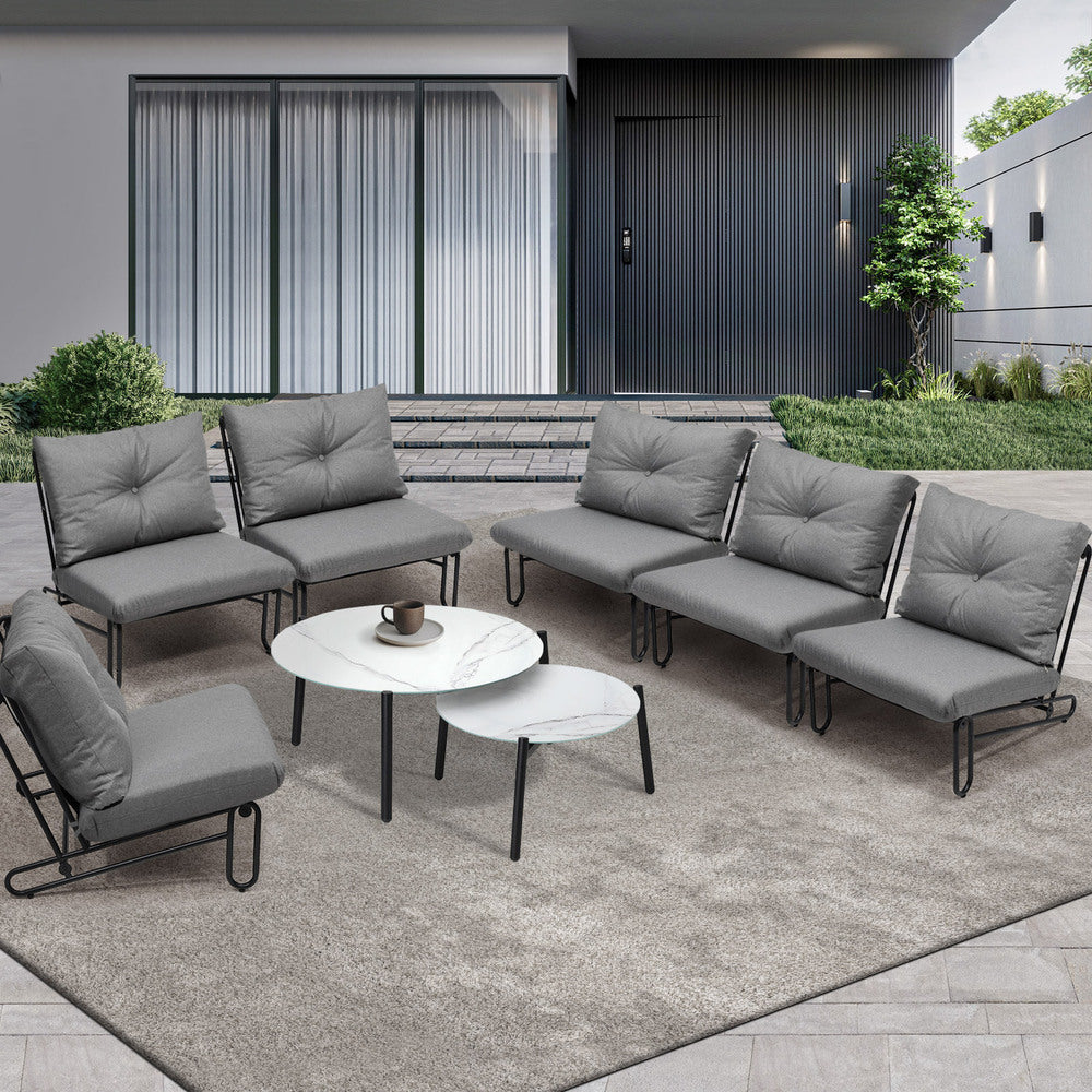 Livsip 8PCS Outdoor Sofa Set Nesting Coffee Table with Chairs Grey-Outdoor Sofa Set-PEROZ Accessories