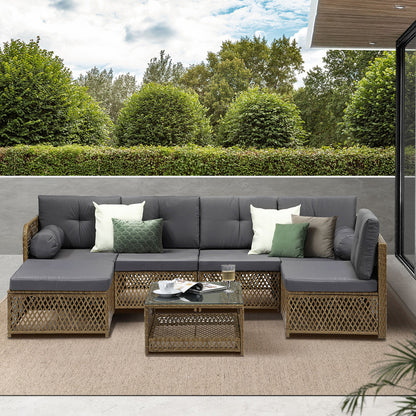 Livsip Outdoor Furniture Lounge Setting 6 Seater Wicker Sofa Set-Outdoor Sofa Set-PEROZ Accessories