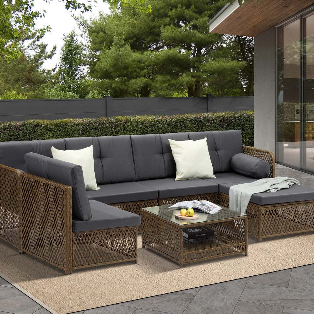 Livsip Outdoor Furniture Lounge Setting 6 Seater Wicker Sofa Set-Outdoor Sofa Set-PEROZ Accessories