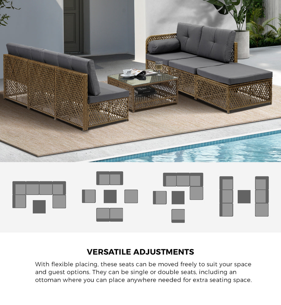 Livsip Outdoor Furniture Lounge Setting 6 Seater Wicker Sofa Set-Outdoor Sofa Set-PEROZ Accessories
