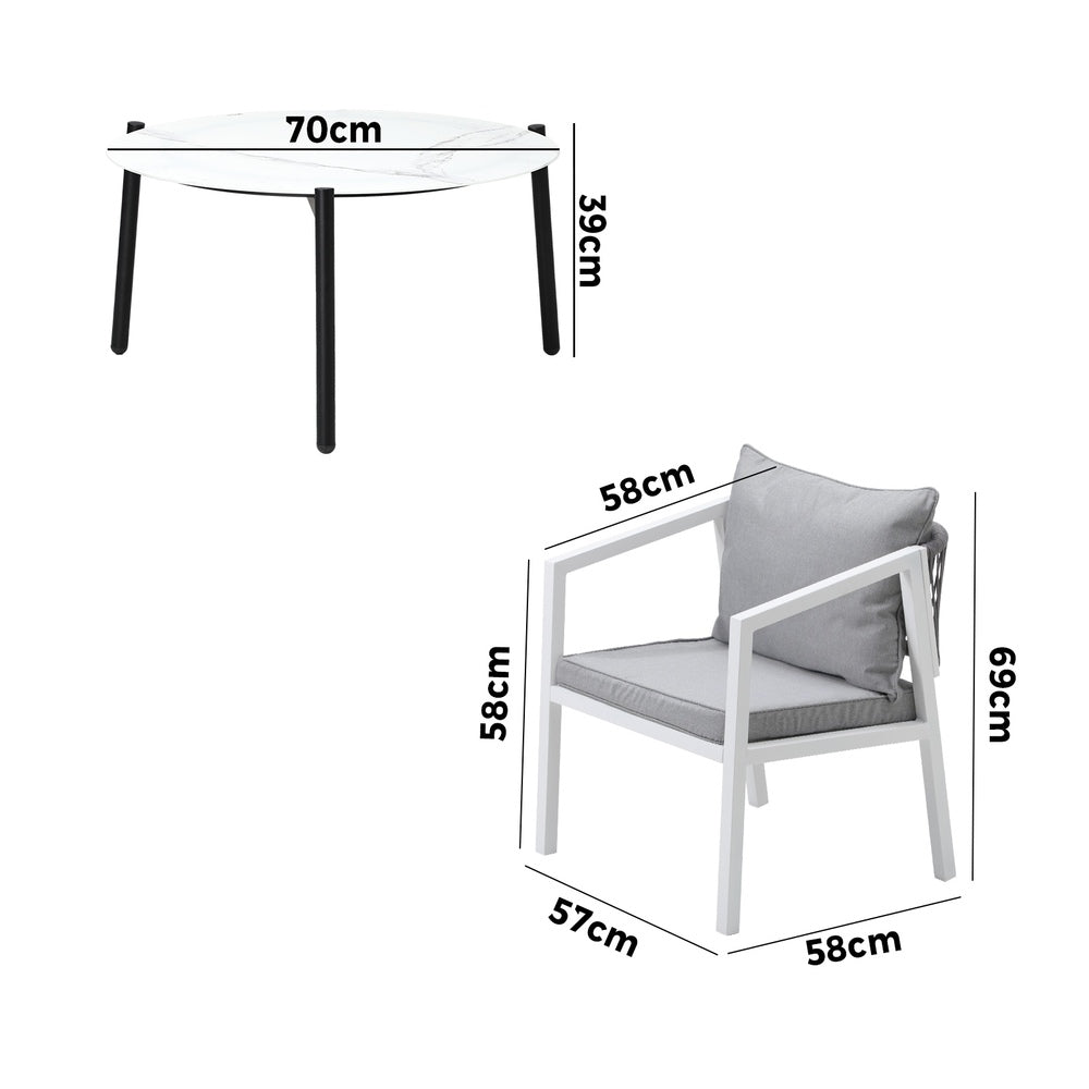 Livsip Outdoor Patio Set White 70cm Coffee Table and Chairs-Outdoor Patio Set-PEROZ Accessories