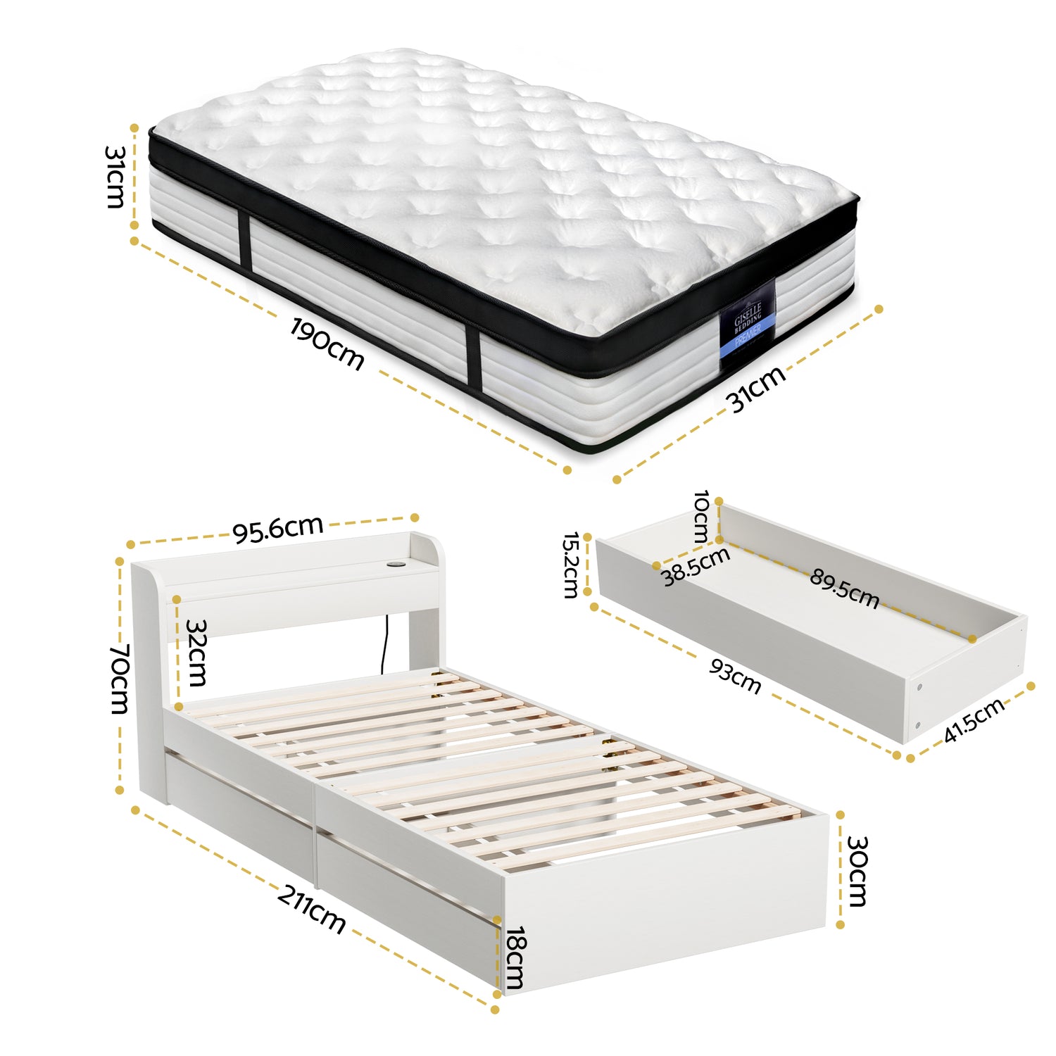 Giselle Single Mattress 5-zone Pocket Spring Mattresses with Artiss Wooden Storage Bed Frame Set-Furniture > Mattresses > Single Mattress-PEROZ Accessories