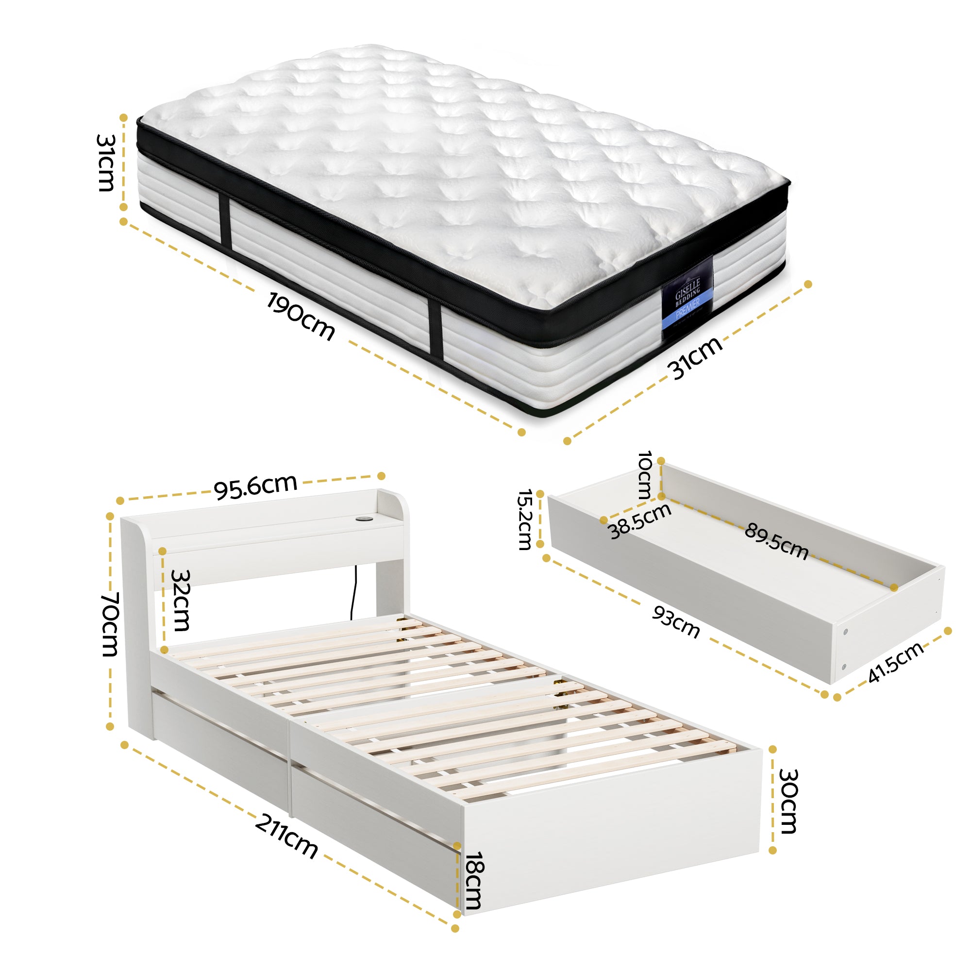 Giselle Single Mattress 5-zone Pocket Spring Mattresses with Artiss Wooden Storage Bed Frame Set-Furniture > Mattresses > Single Mattress-PEROZ Accessories