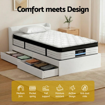 Giselle Single Mattress 5-zone Pocket Spring Mattresses with Artiss Wooden Storage Bed Frame Set-Furniture > Mattresses > Single Mattress-PEROZ Accessories