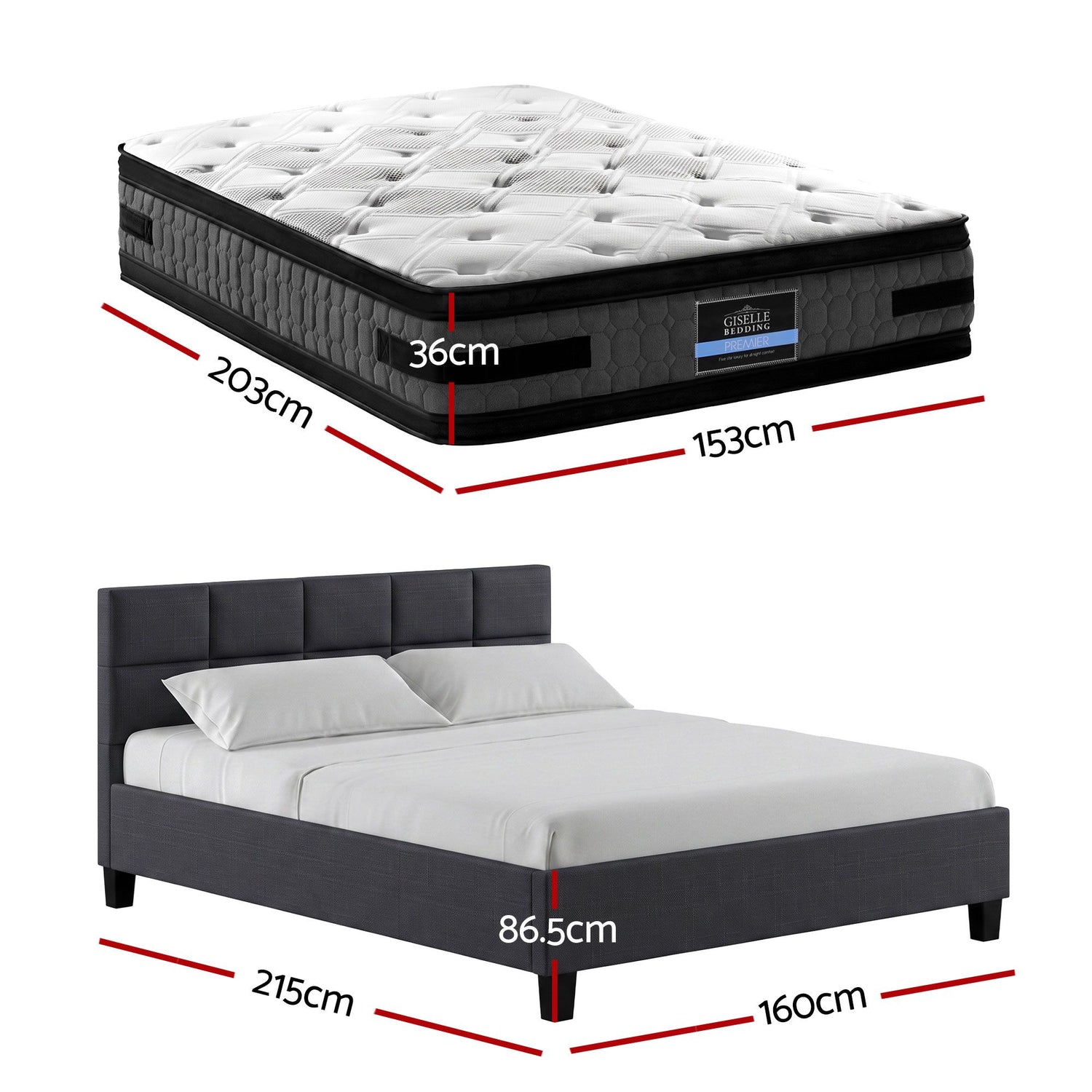 Giselle Mattress &amp; Artiss Queen Bed Frame Bundle, 36cm Double Sided Euro Top Mattress