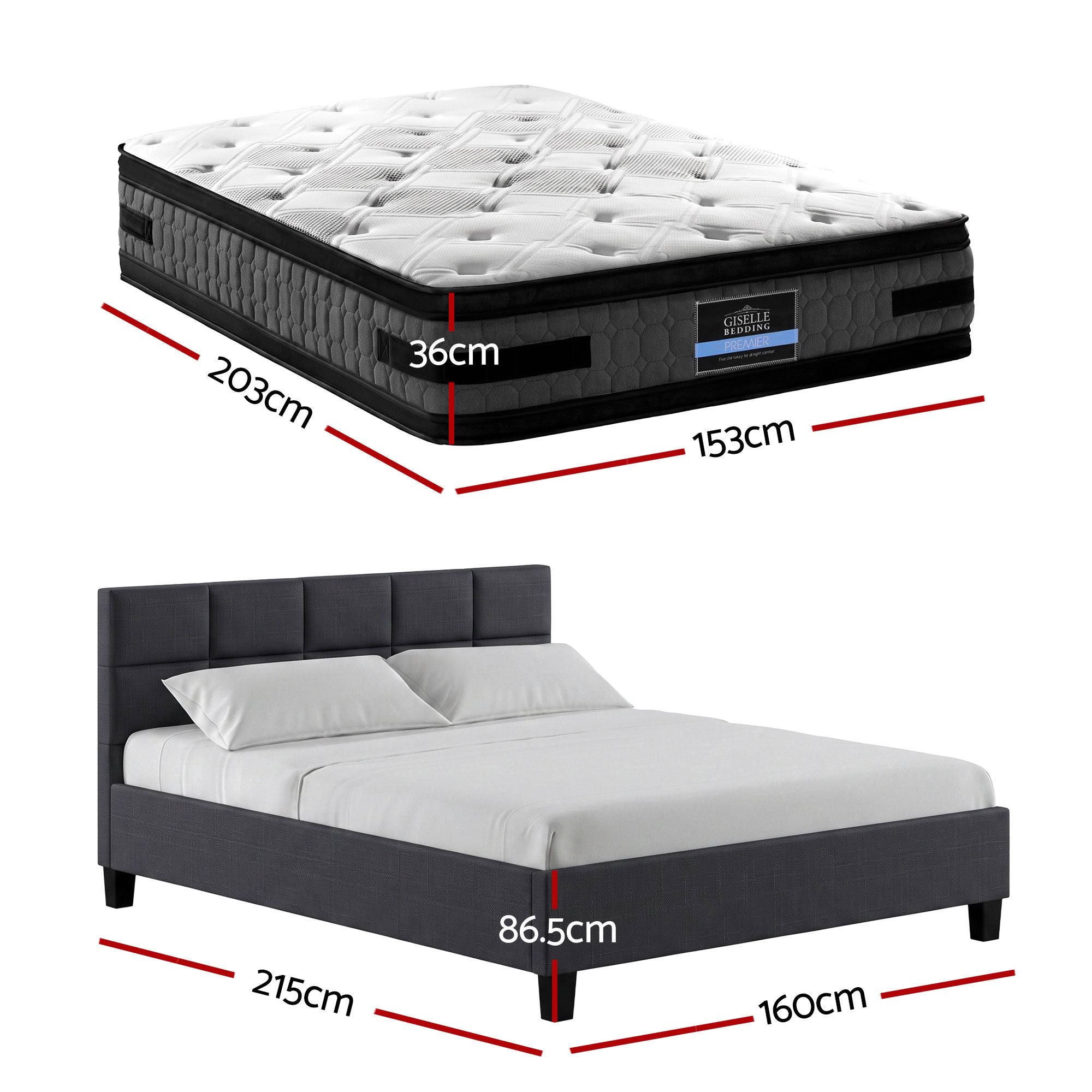 Giselle Mattress &amp; Artiss Queen Bed Frame Bundle, 36cm Double Sided Euro Top Mattress