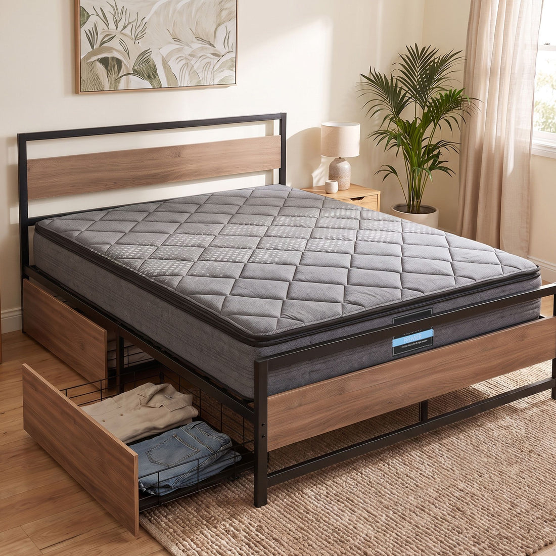 Giselle 18cm Queen Mattress Pillowtop and Artiss Metal Bed Frame Set With 2 drawers-Furniture > Mattresses > Queen Mattress-PEROZ Accessories