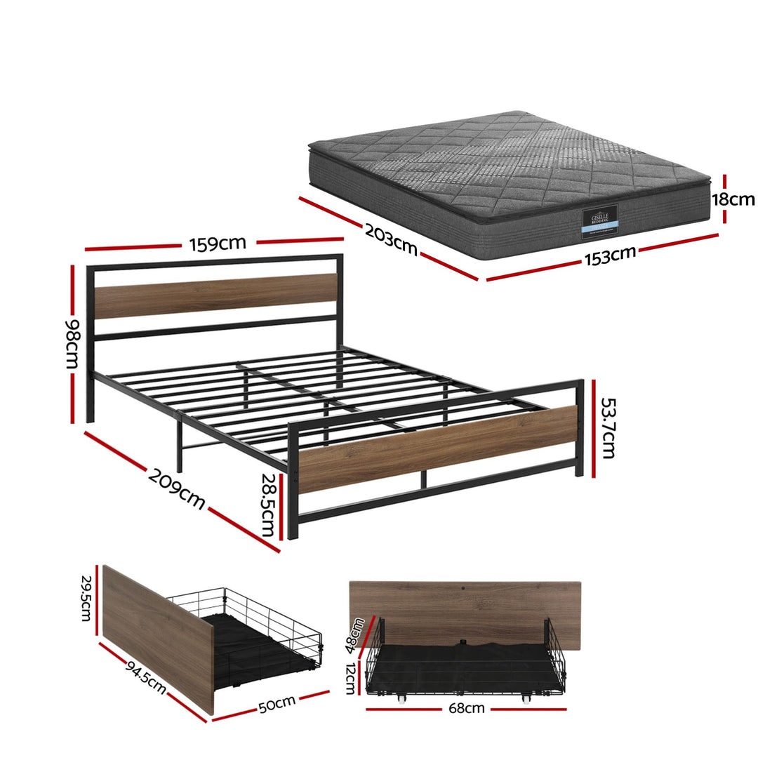 Giselle 18cm Queen Mattress Pillowtop and Artiss Metal Bed Frame Set With 2 drawers-Furniture > Mattresses > Queen Mattress-PEROZ Accessories