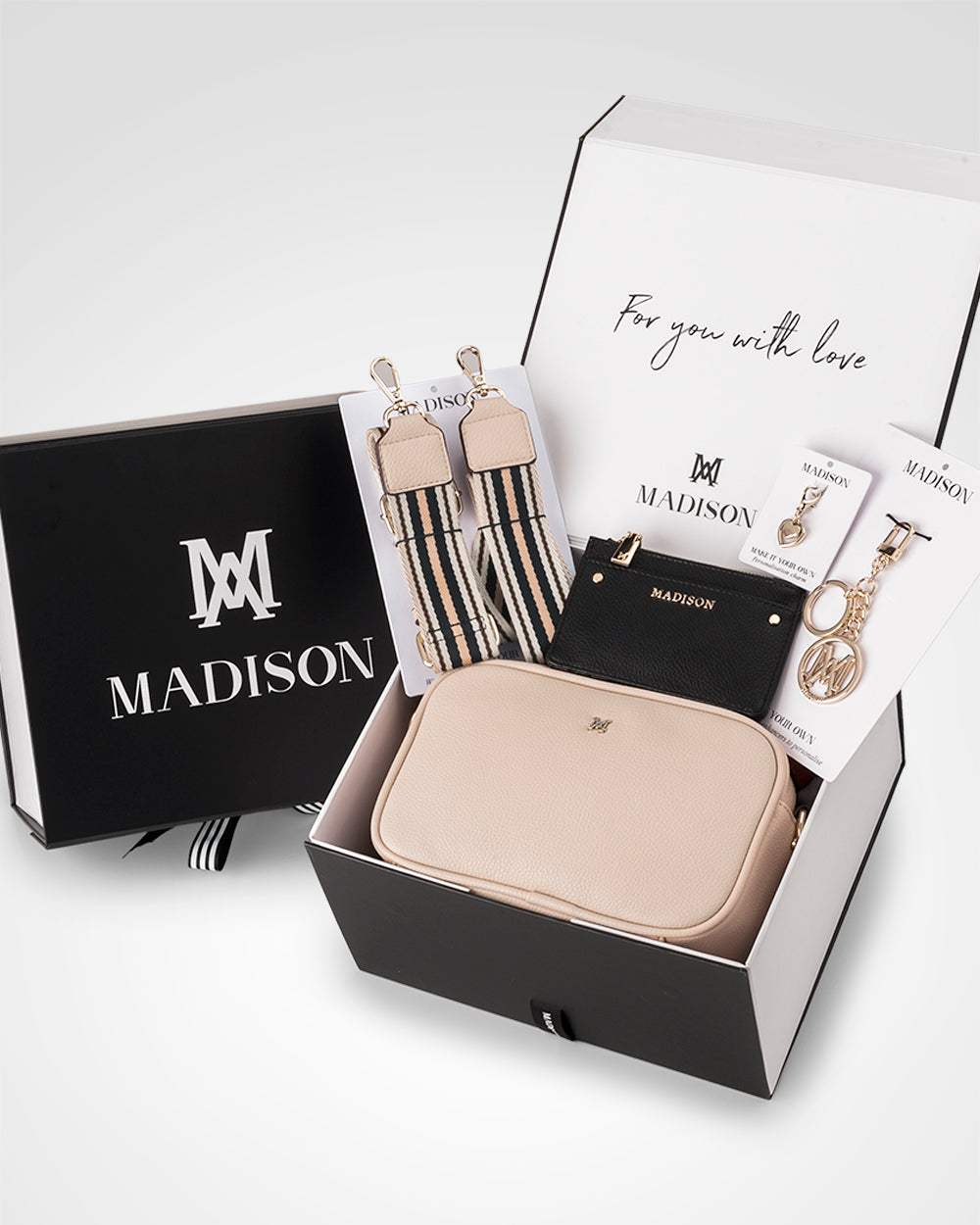 Monica Stripe 5 Piece Giftbox - Handbag, Bag Strap, Cardholder, Keychain &amp; Personalisation Charm-Handbags-PEROZ Accessories
