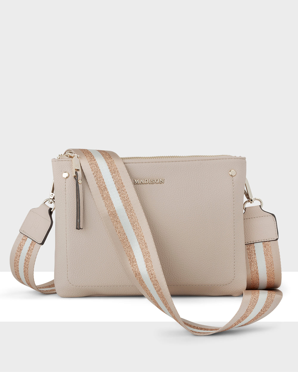 Charlotte Double Zip Crossbody Bag + Metallic Stripe Bag Strap-Handbags-PEROZ Accessories