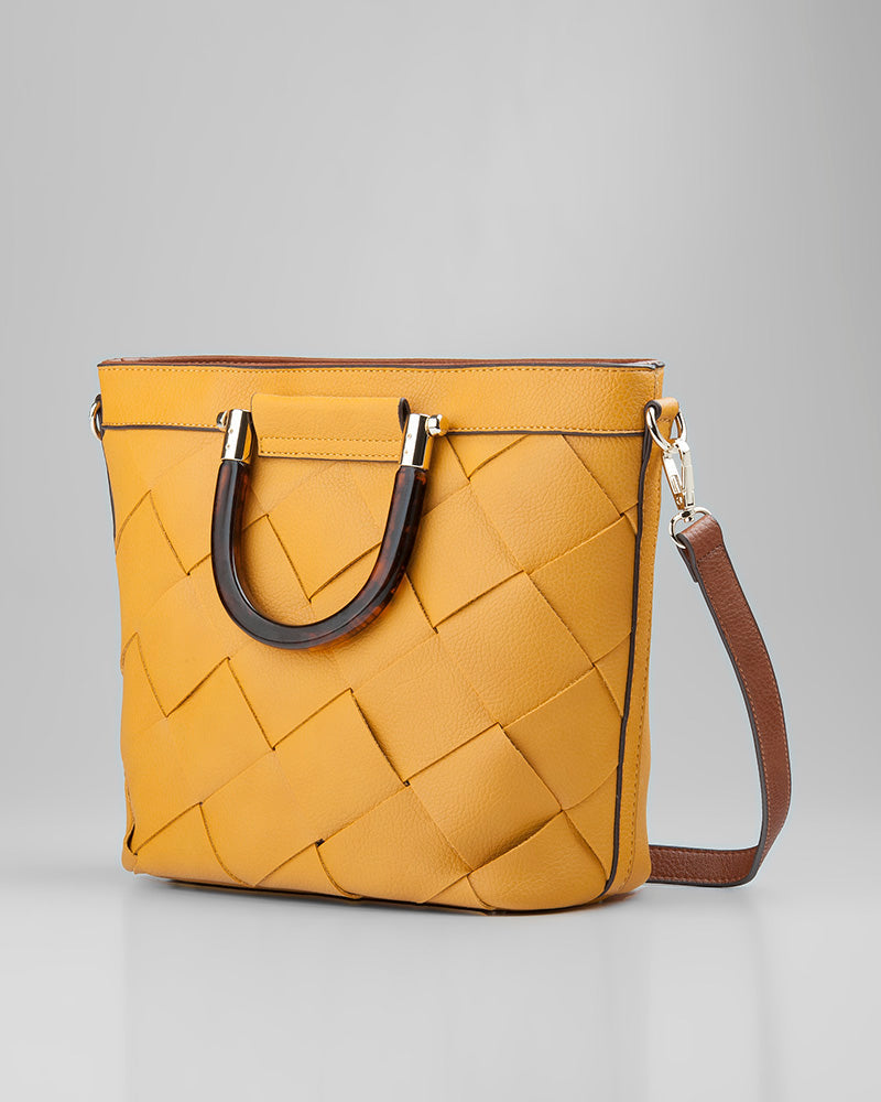 Lucinda Weave Bucket Crossbody Bag With Tortoise-Shell-Resin Handle-PEROZ Accessories