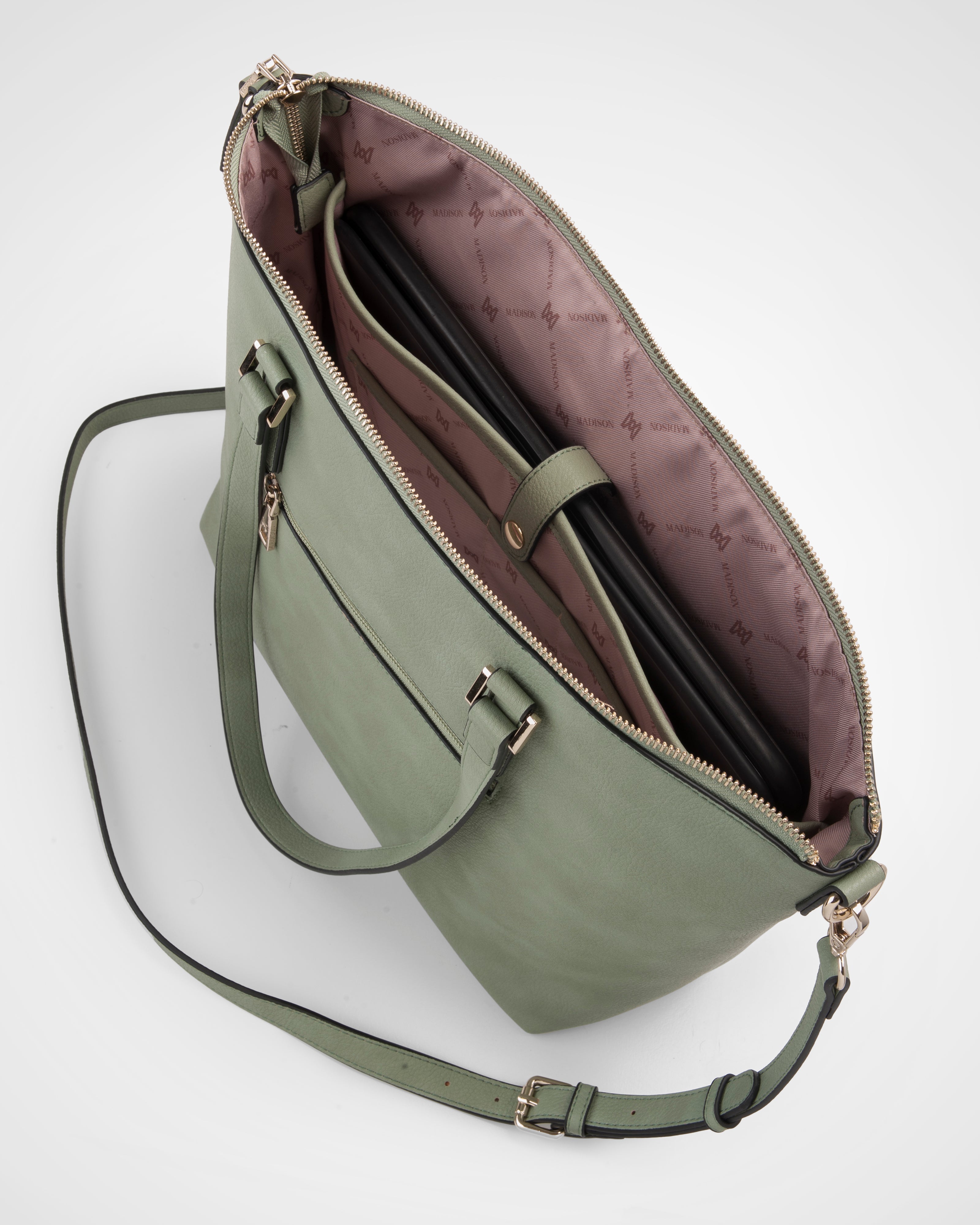 Inga Large Zip Top Tote Bag With Laptop Pocket + Stripe Bag Strap-Handbags-PEROZ Accessories