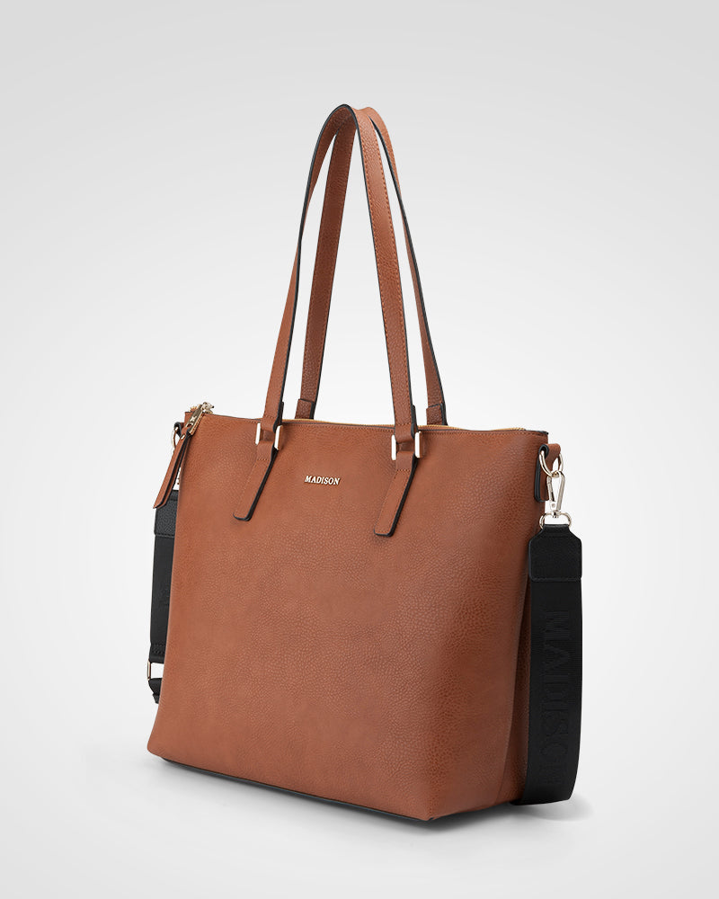 Inga Large Zip Top Tote Bag With Laptop Pocket + Monogram Bag Strap-Handbags-PEROZ Accessories