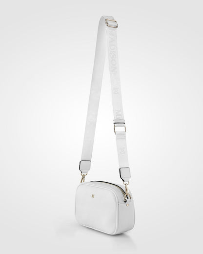 Monica White Camera Crossbody Bag + Monogram Bag Strap-Handbags-PEROZ Accessories