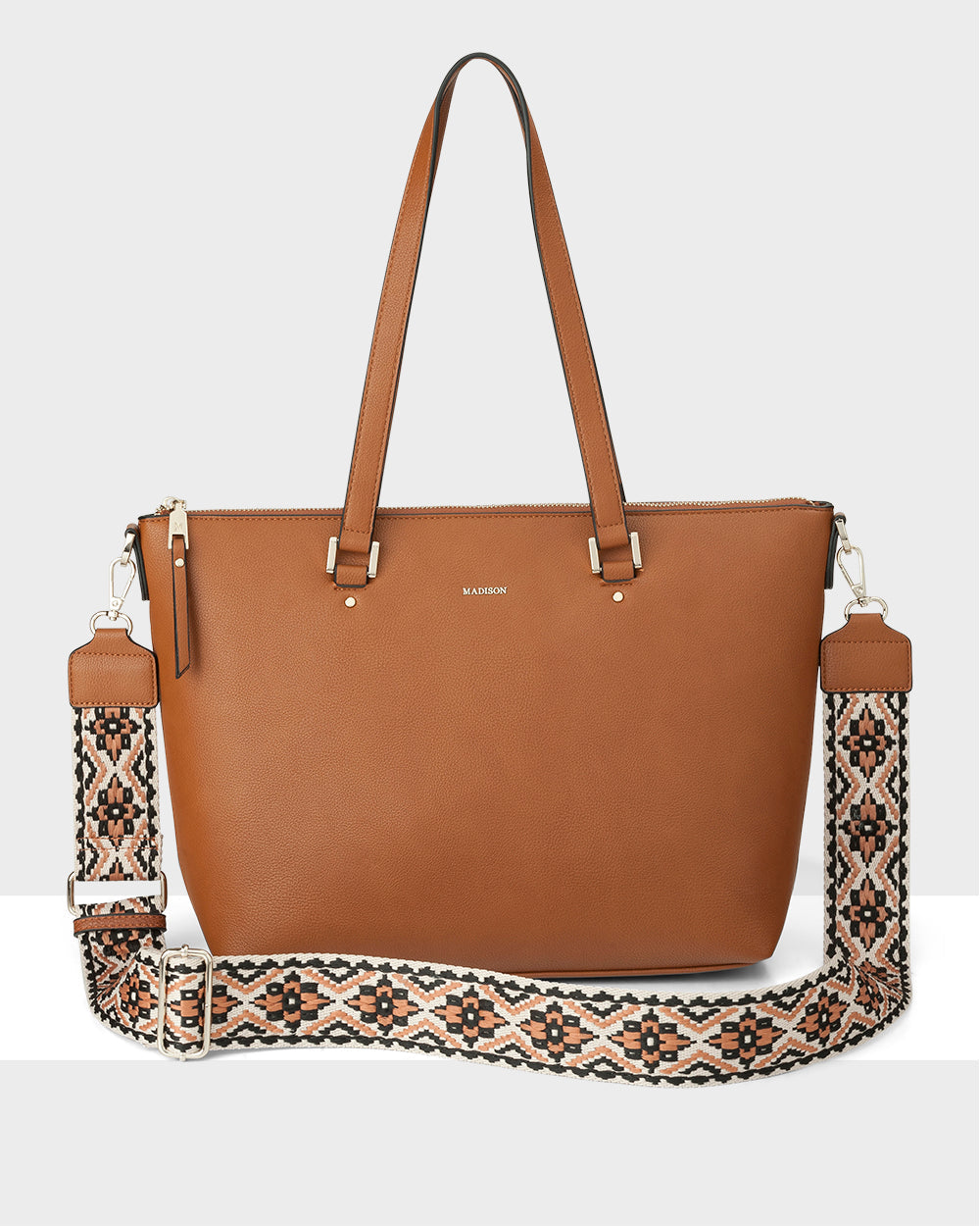 Vivian Medium Zip Top Tote With Aztec Strap-Handbags-PEROZ Accessories